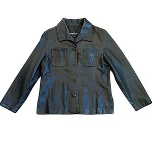 Vintage Kenneth Cole Black Pebbled 100% Leather Jacket Women’s L Y2K Button Down